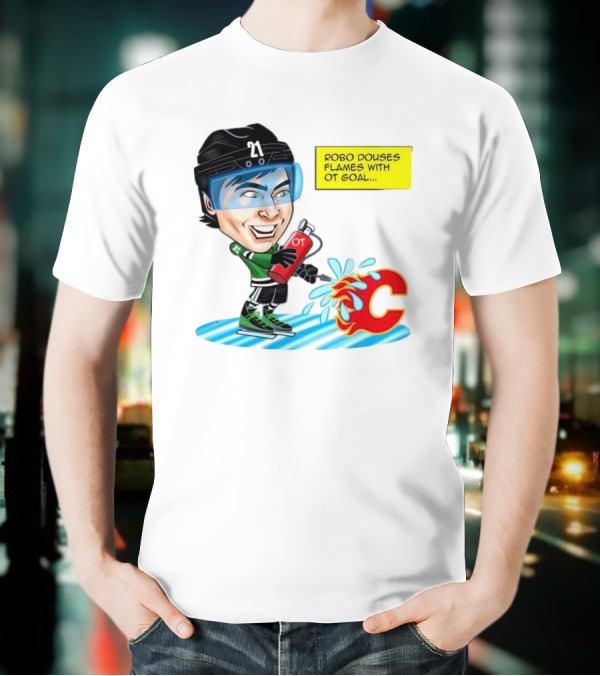 Robo Douses Flames With OT Goal Hockey Player Cartoon Extinguishing Calgary Flame Logo T-Shirt