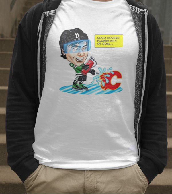 Robo Douses Flames With OT Goal Hockey Player Cartoon Extinguishing Calgary Flame Logo T-Shirt