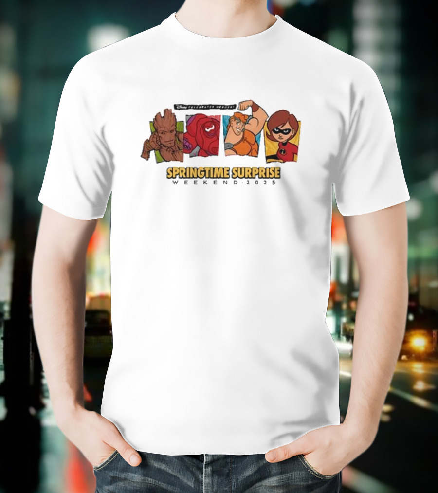 Run Disney Springtime Surprise Weekend 2025 Groot Baymax Hercules Elastigirl T-Shirt