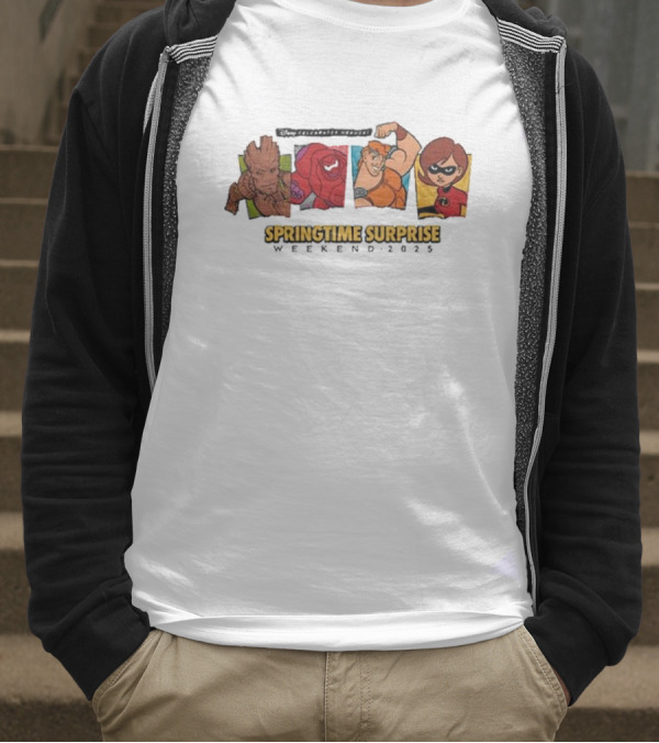 Run Disney Springtime Surprise Weekend 2025 Groot Baymax Hercules Elastigirl T-Shirt