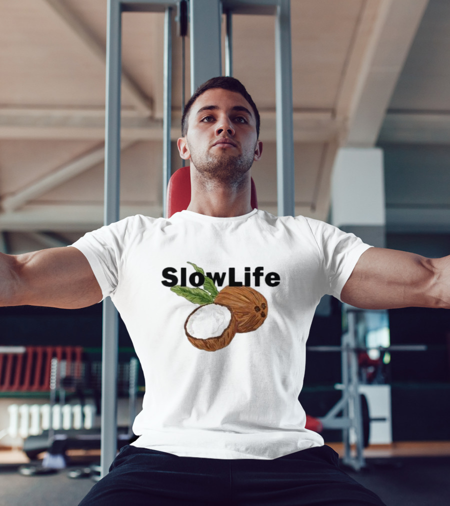 Slow Life Coconut Illustration With Text And Leaves T-Shirt