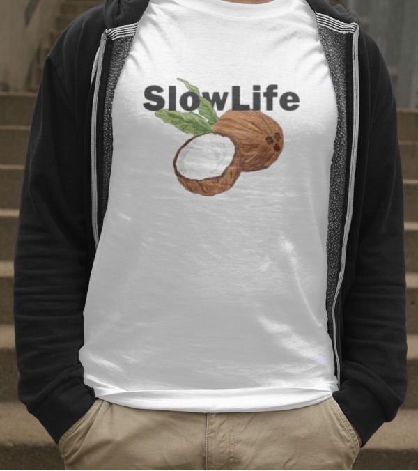 Slow Life Coconut Illustration With Text And Leaves T-Shirt