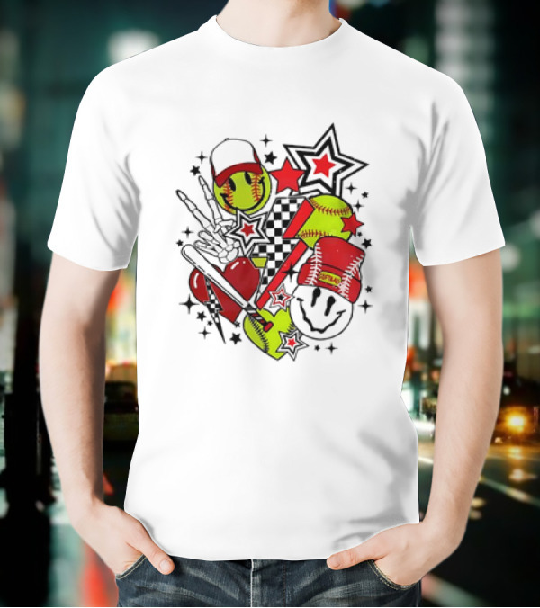 Softball Smiley Face Devil Cap Bats And Stars Retro T-Shirt