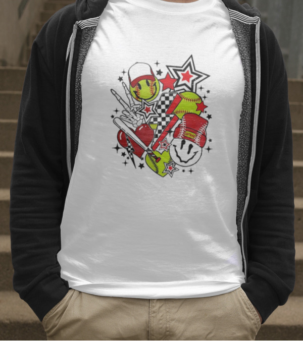 Softball Smiley Face Devil Cap Bats And Stars Retro T-Shirt