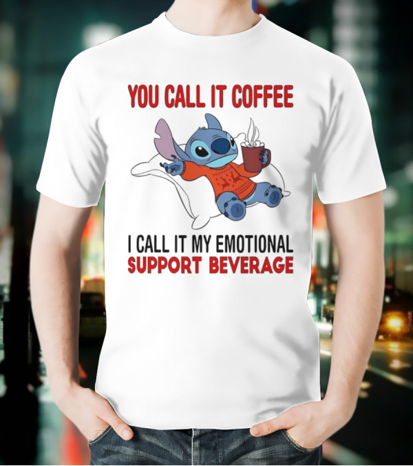 Stitch You Call It Coffee I Call It My Emotional Support Beverage Blue Alien Character With Hot Drink In Red Sweater T-Shirt