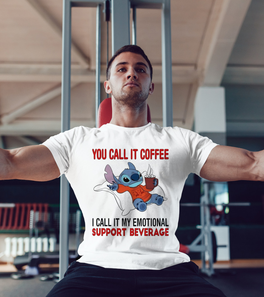 Stitch You Call It Coffee I Call It My Emotional Support Beverage Blue Alien Character With Hot Drink In Red Sweater T-Shirt