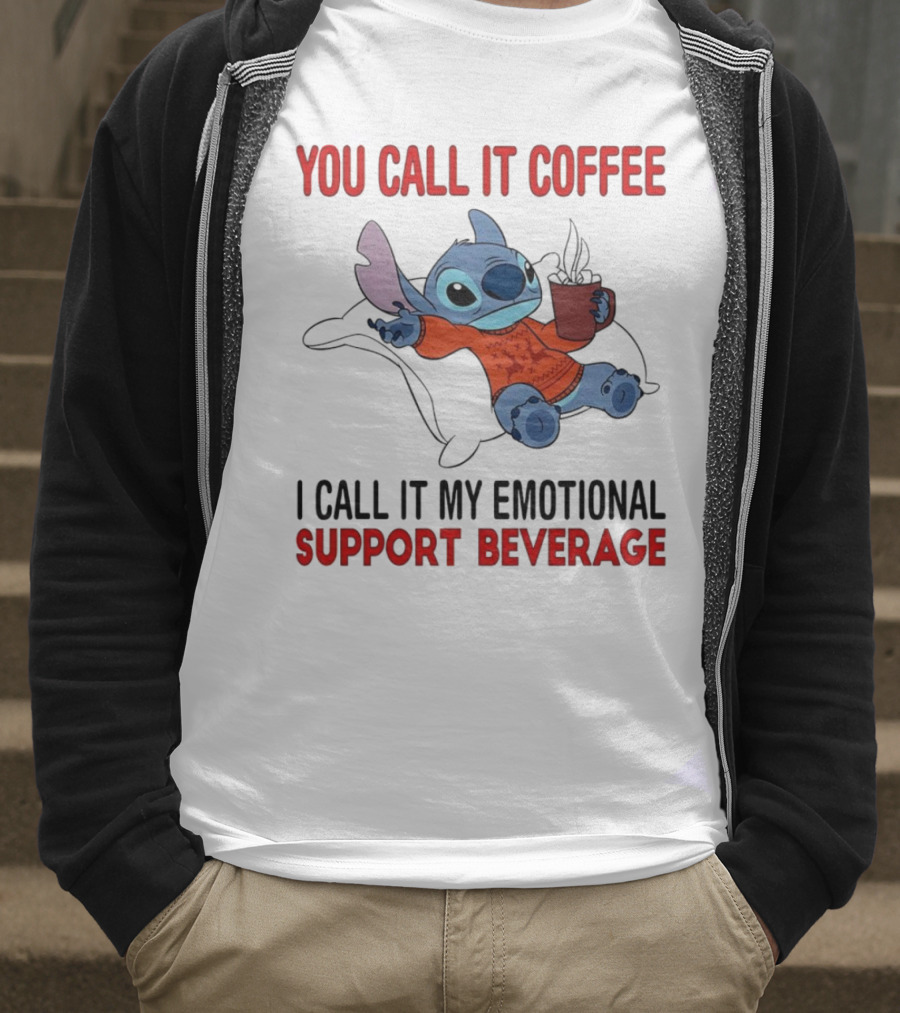 Stitch You Call It Coffee I Call It My Emotional Support Beverage Blue Alien Character With Hot Drink In Red Sweater T-Shirt
