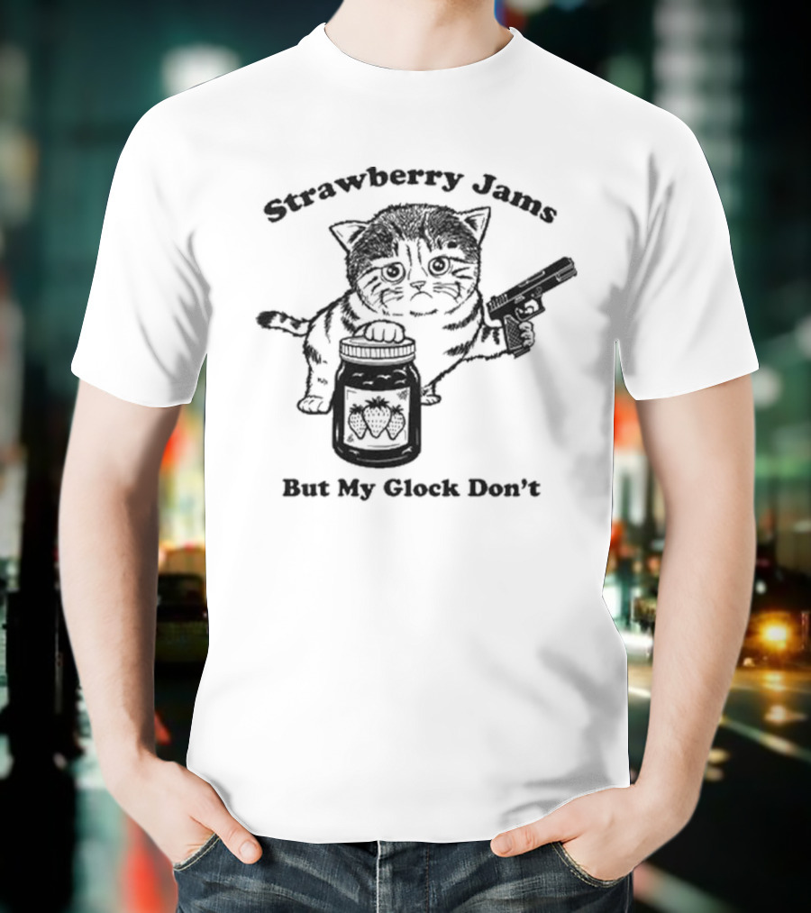 Strawberry Jams Cat With Gun And Jar T-Shirt
