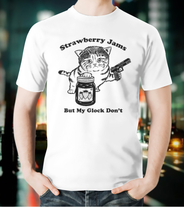 Strawberry Jams Cat With Gun And Jar T-Shirt