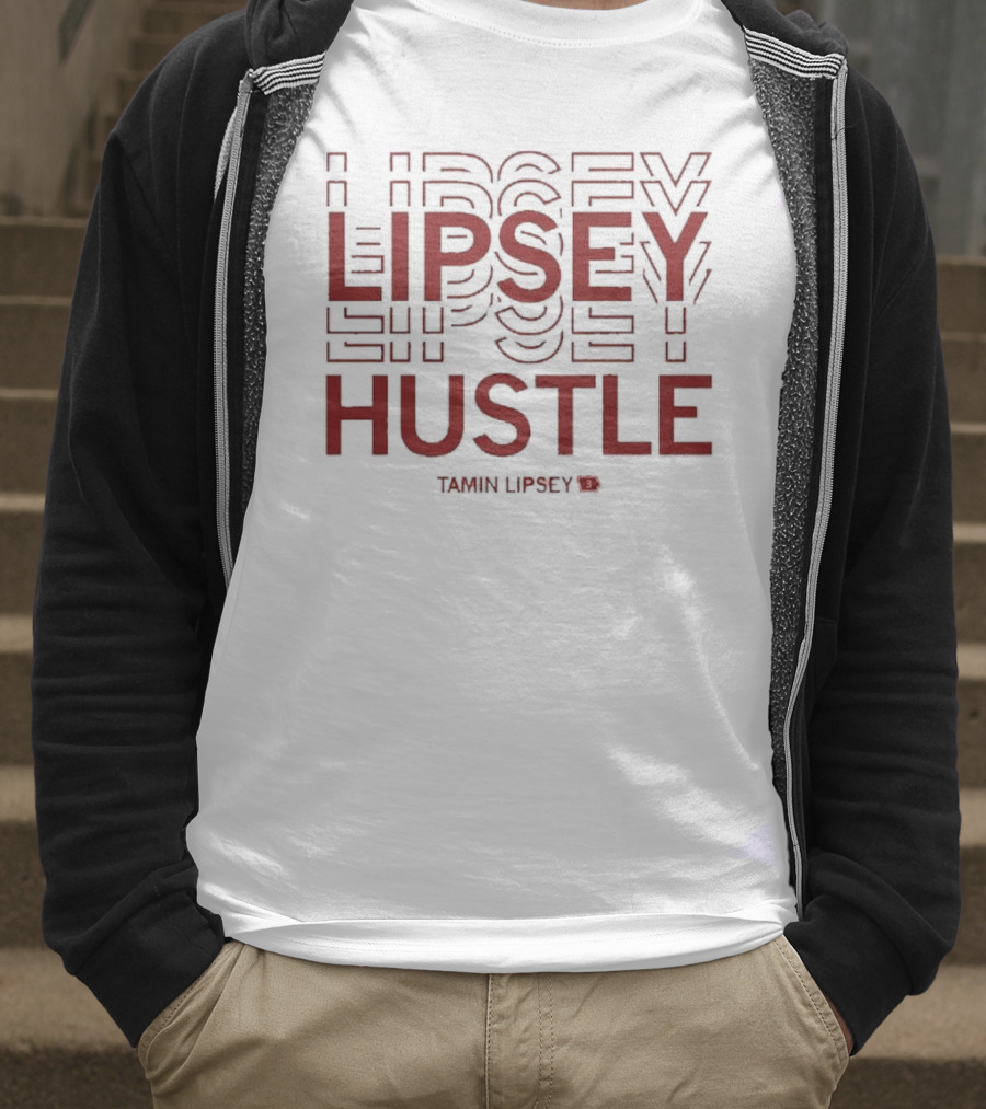 Tamin Lipsey Hustle Repeating Bold Red Text T-Shirt