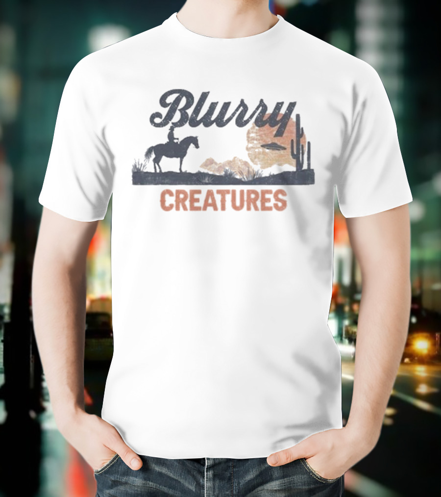 Blurry Creatures UFO Desert Cowboy Cactus Scene T-Shirt