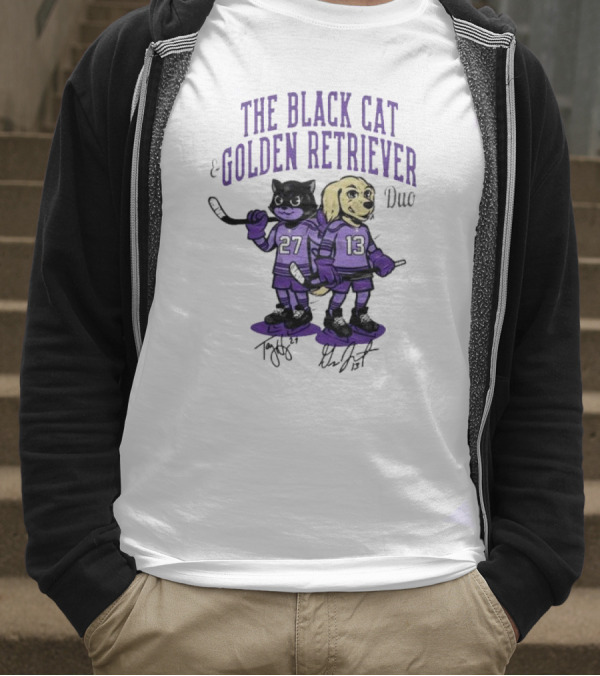 The Black Cat Golden Retriever 27 13 Hockey Duo T-Shirt