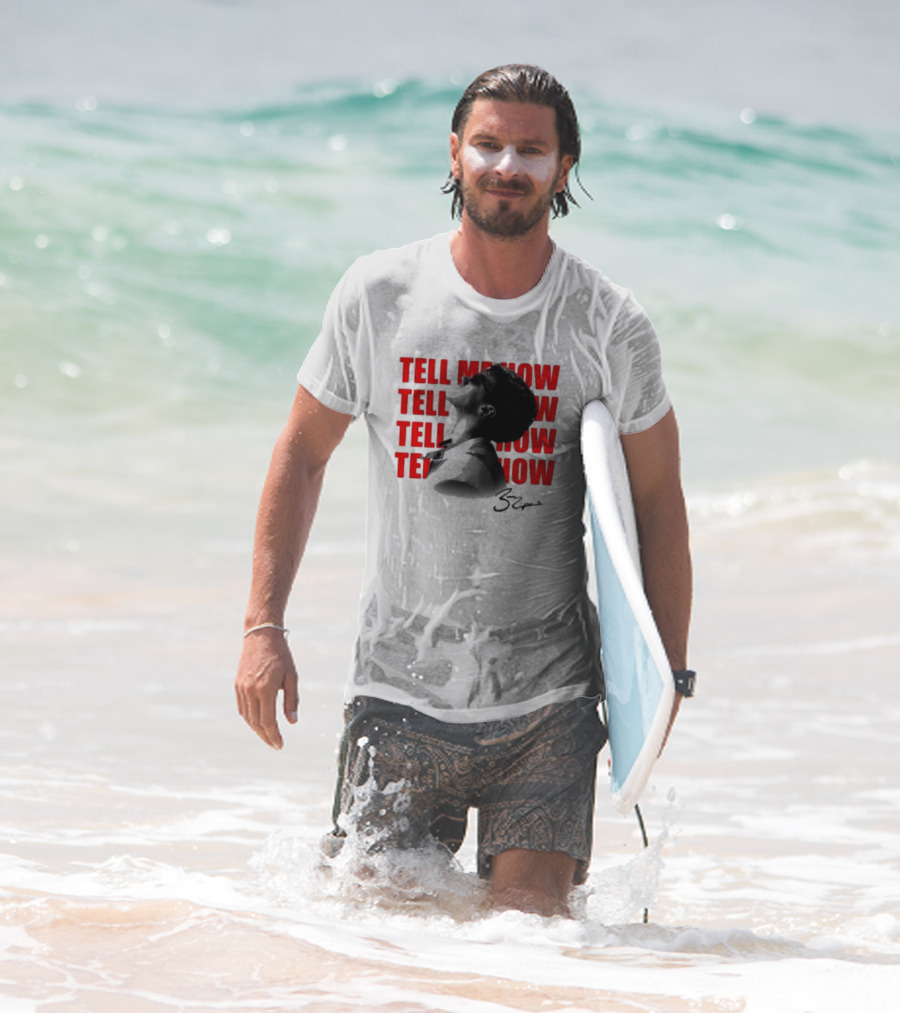 Tell Me How Ben Rodrigues Signature Black And White Artistic Portrait With Repeated Text In Eye-Catching Red Style T-Shirt