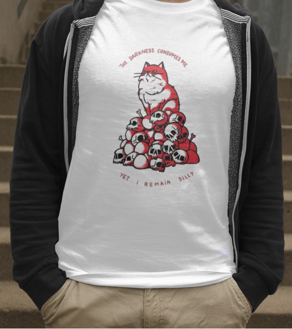 The Darkness Consumes Me Yet I Remain Silly Red Cat Bats Skulls T-Shirt