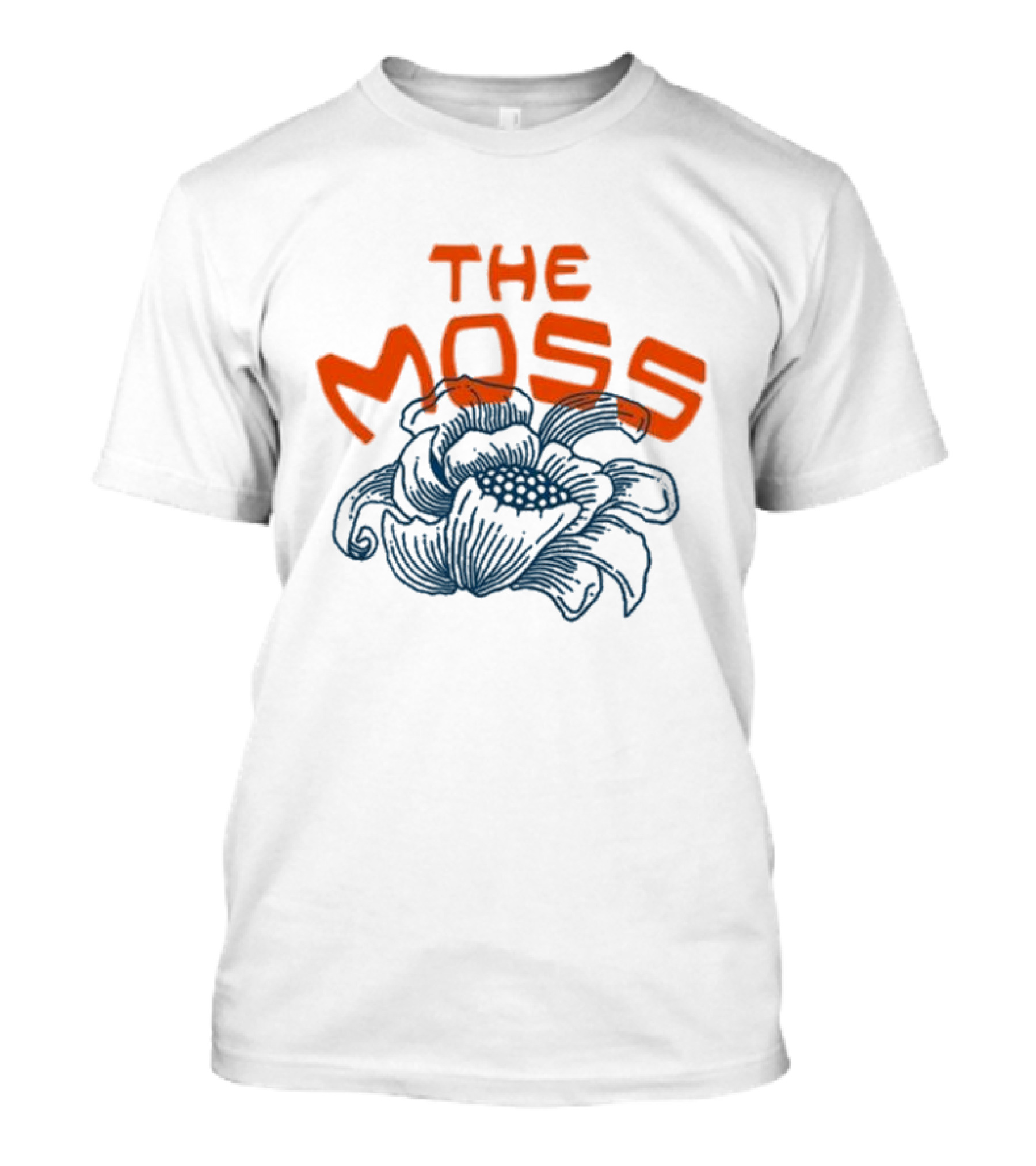 The Moss Flower 2025 Bold Blue And Orange Text Over Artistic Floral Illustration T-Shirt