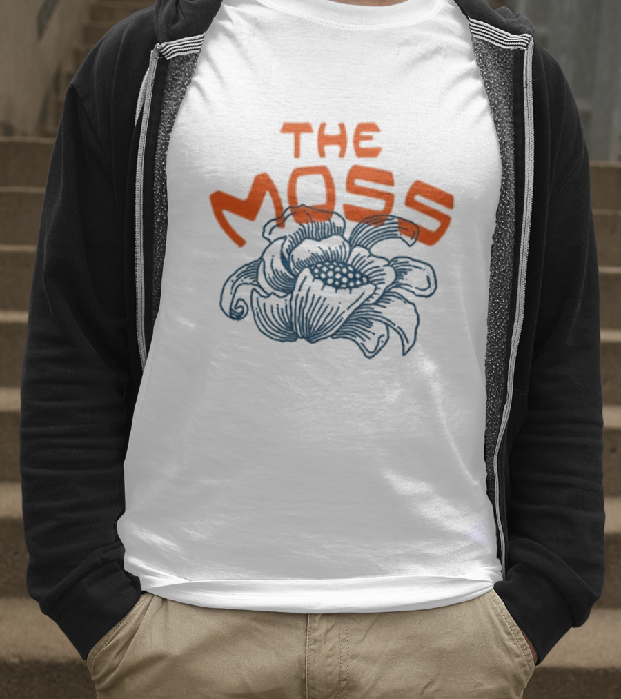 The Moss Flower 2025 Bold Blue And Orange Text Over Artistic Floral Illustration T-Shirt