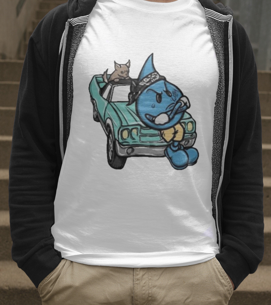 Thornhill Bat White Blue Cartoon Character With Dog In Classic Car T-Shirt