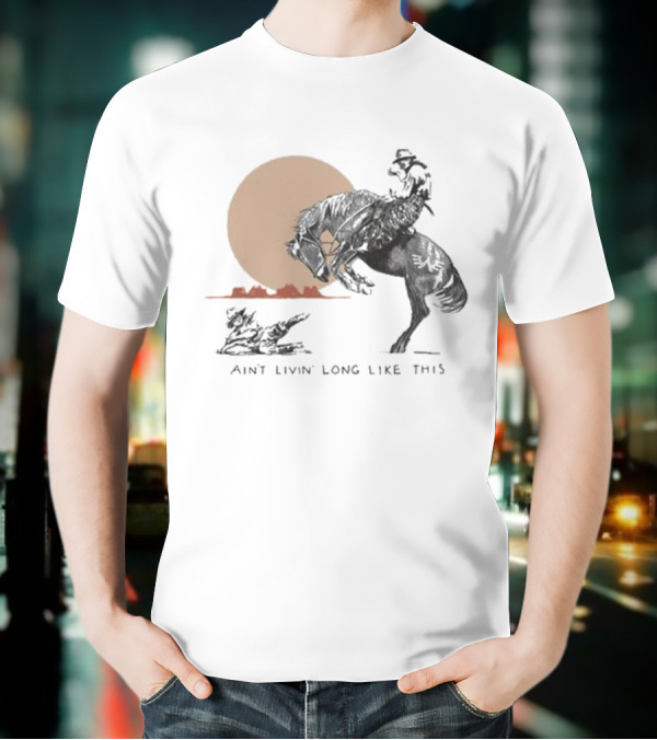 Waylon Jennings Ain’t Livin’ Long Like This Cowboy Rodeo Moon Scene T-Shirt