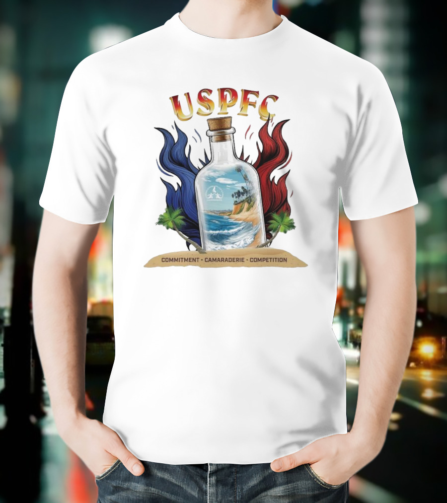 USPFC Commitment Camaraderie Competition Coastal Scenic Bottle Design T-Shirt