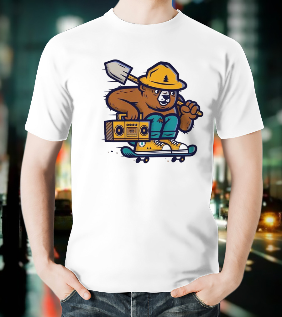 ```Wildfire Relief Bear Skateboarding With Boombox And Shovel``` T-Shirt