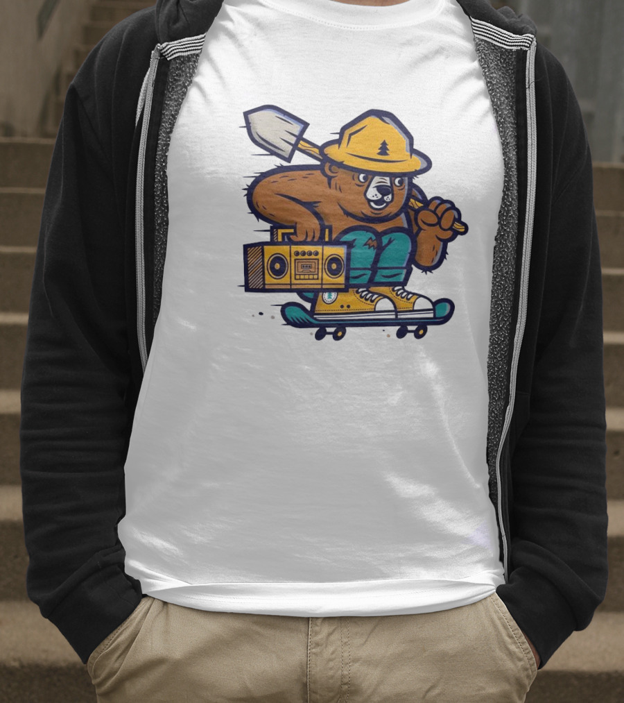 ```Wildfire Relief Bear Skateboarding With Boombox And Shovel``` T-Shirt