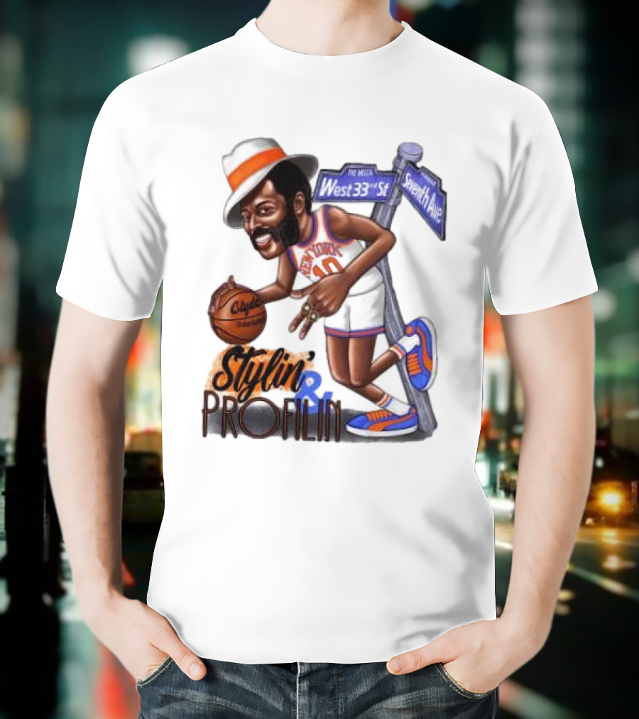 West 33rd St Seventh Ave Clyde Stylin Profilin New York Knicks Walt Frazier T-Shirt