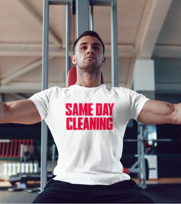 Sammy Virji Same Day Cleaning Bold Red Text T-Shirt