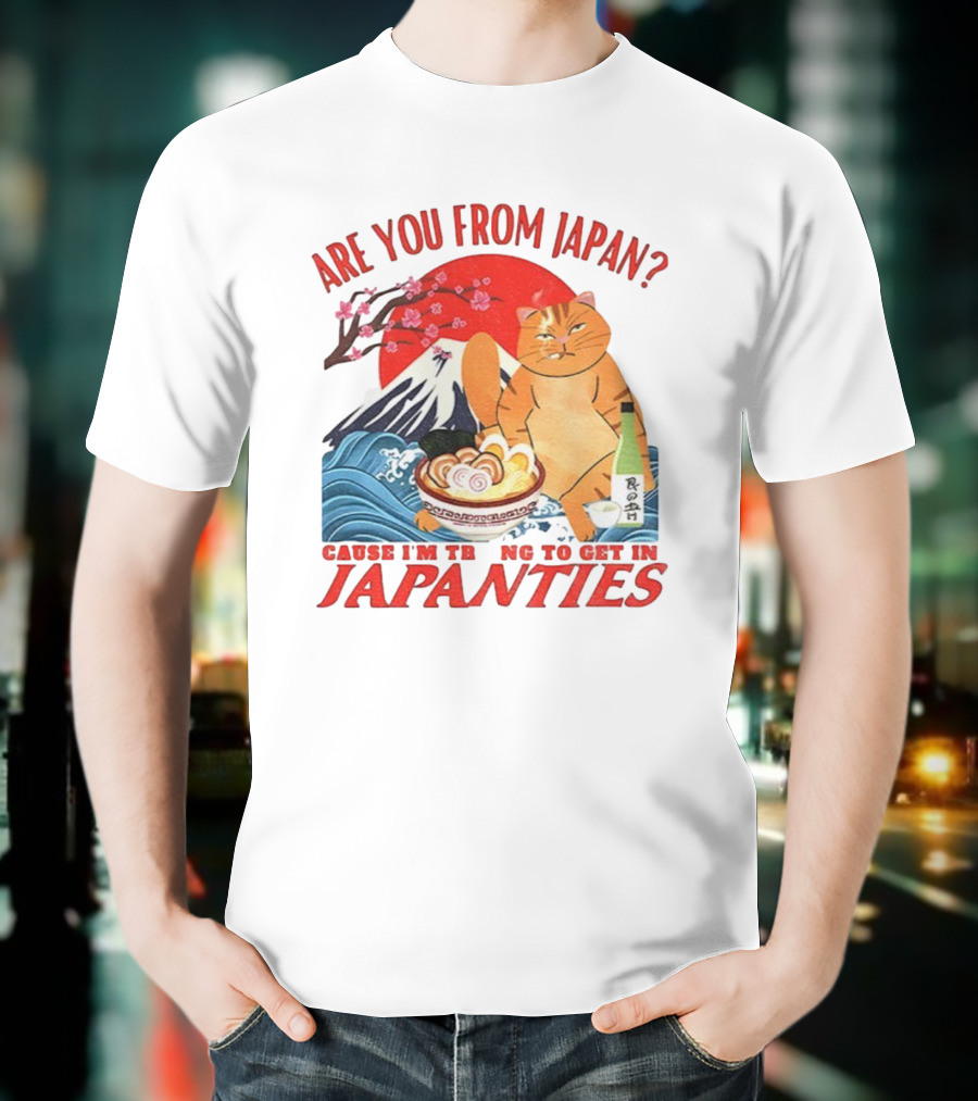 Are You From Japan Funny Cat Japanties Sushi Mt. Fuji Background T-Shirt