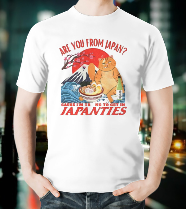 Are You From Japan Funny Cat Japanties Sushi Mt. Fuji Background T-Shirt