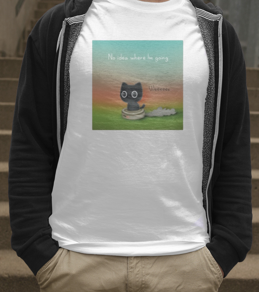 No Idea Where I'm Going Wee Black Cat Riding Robot Vacuum T-Shirt