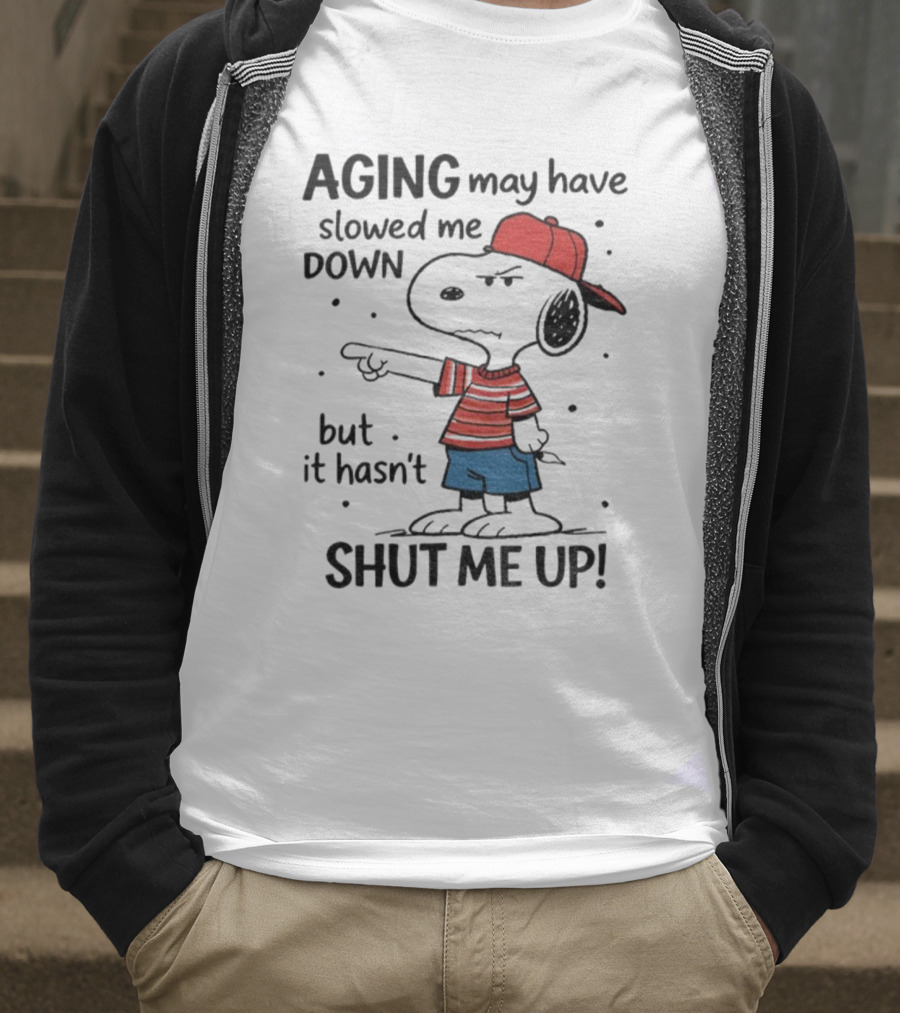 Snoopy Aging May Have Slowed Me Down But It Hasn't Shut Me Up Red Hat Striped Blue Shorts T-Shirt
