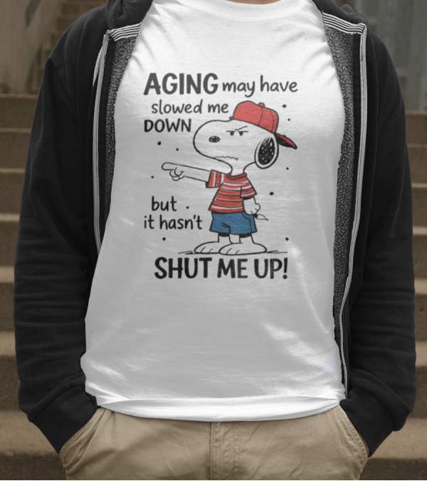 Snoopy Aging May Have Slowed Me Down But It Hasn't Shut Me Up Red Hat Striped Blue Shorts T-Shirt