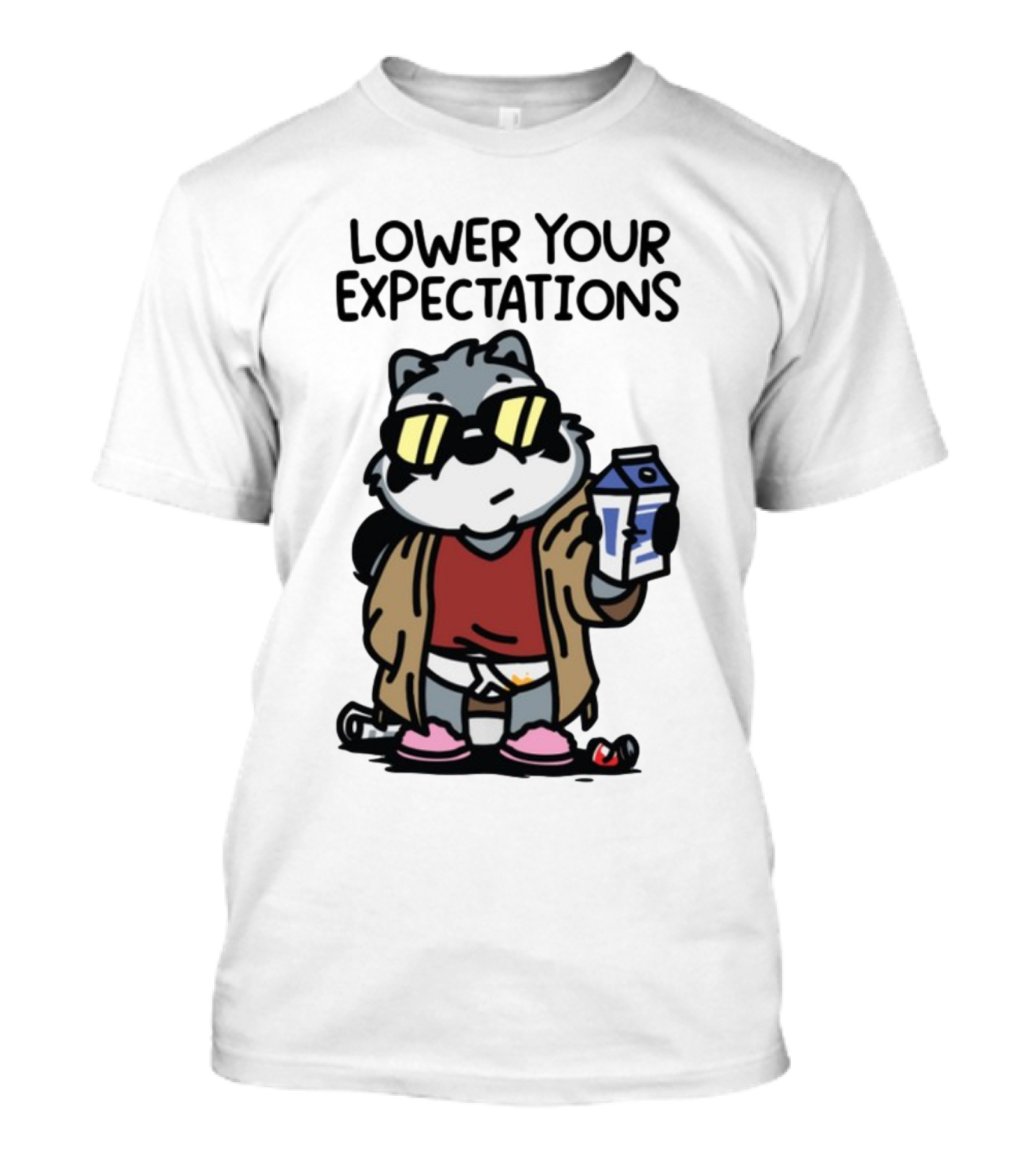 Lower Your Expectations Cartoon Character With Sunglasses And Milk Carton T-Shirt