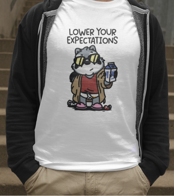 Lower Your Expectations Cartoon Character With Sunglasses And Milk Carton T-Shirt