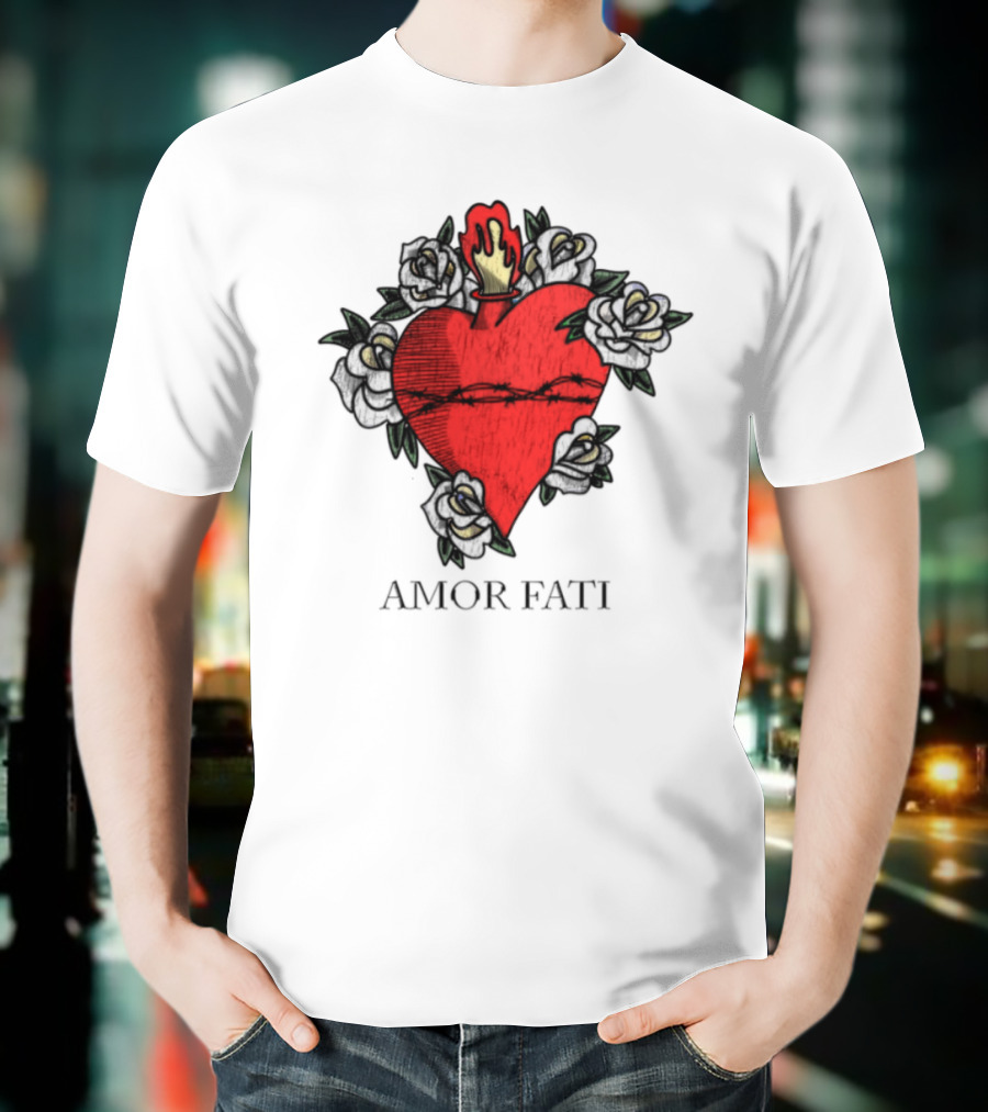 Amor Fati Sacred Heart Barbed Wire Roses Flame T-Shirt