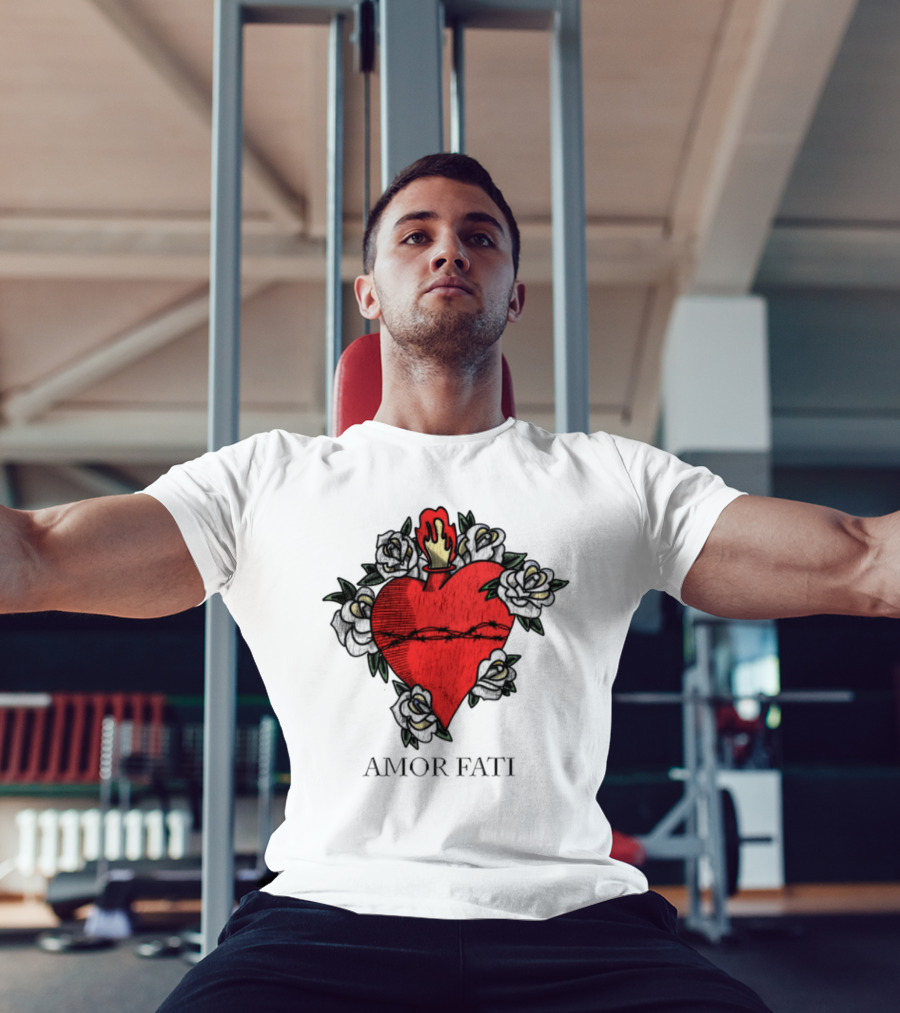 Amor Fati Sacred Heart Barbed Wire Roses Flame T-Shirt