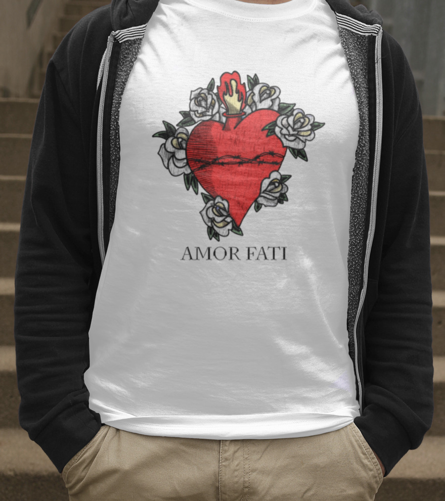 Amor Fati Sacred Heart Barbed Wire Roses Flame T-Shirt