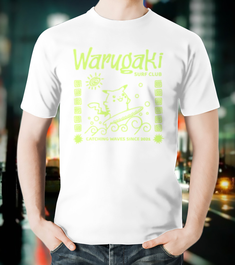 Warugaki Surf Club Pikachu Surfing Illustration Sun And Waves T-Shirt