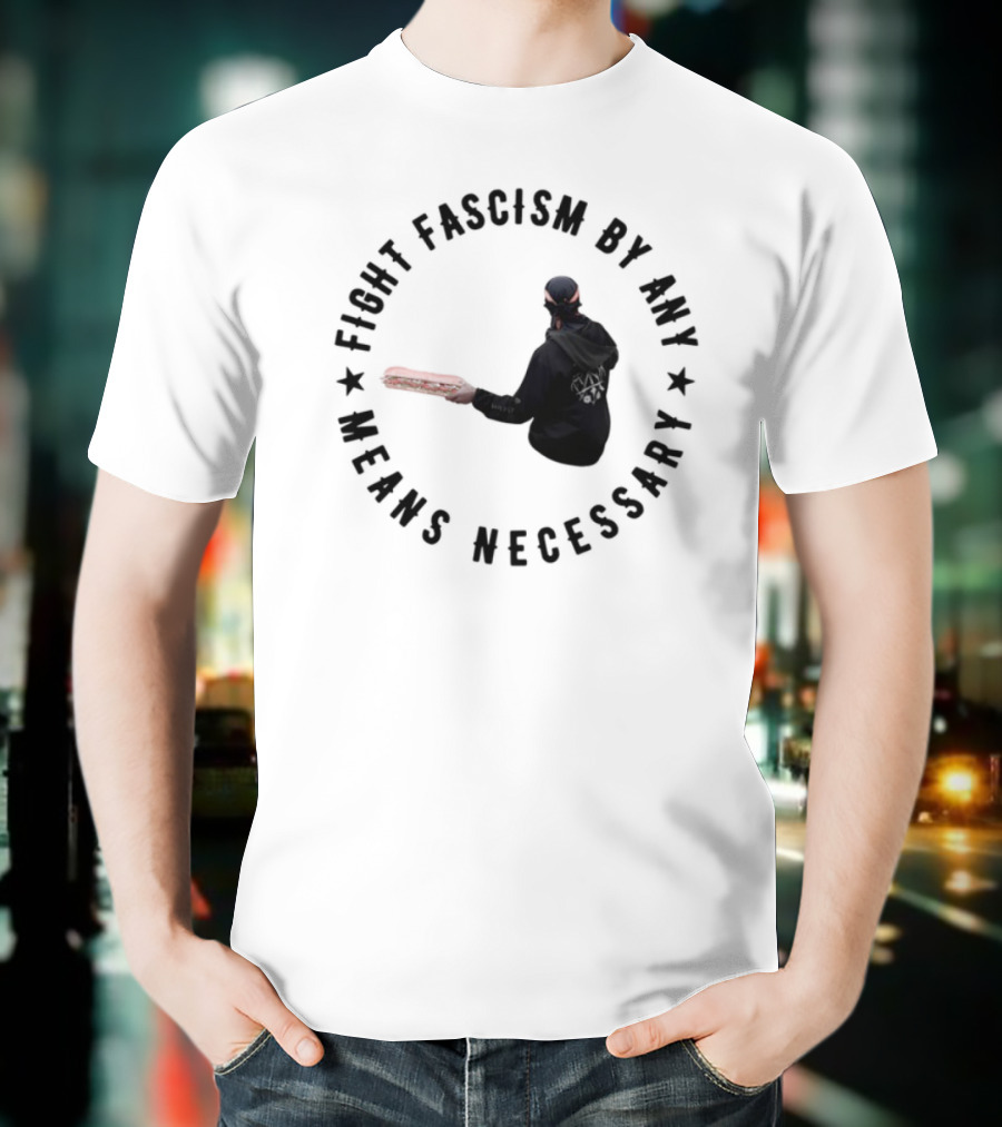 Fight Fascism By Any Means Necessary Red Bat Masked Figure T-Shirt