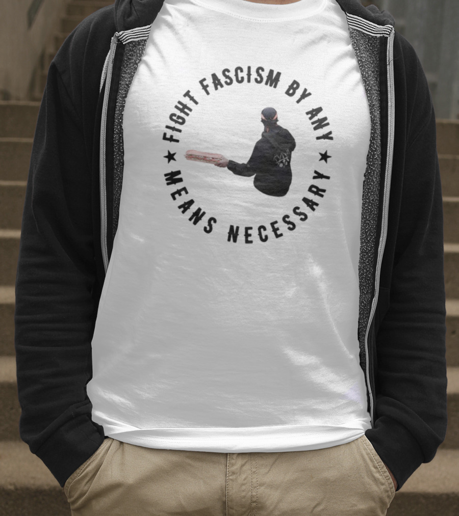 Fight Fascism By Any Means Necessary Red Bat Masked Figure T-Shirt