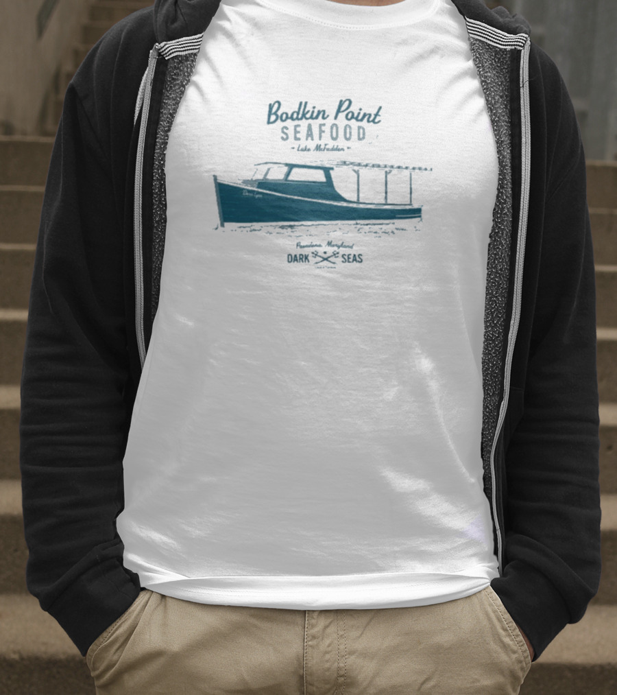 Dark Seas Bodkin Point Seafood Luke McFadden Annapolis Maryland Boat T-Shirt