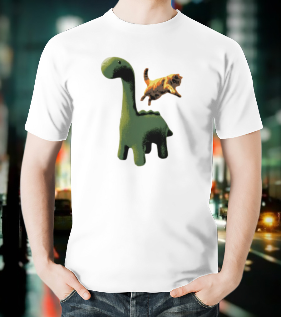 Abram Engle Kurt Dino Green Dinosaur With Leaping Orange Cat T-Shirt
