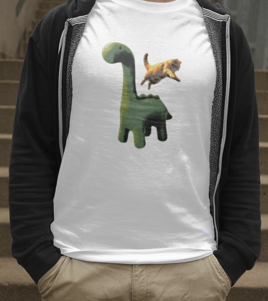 Abram Engle Kurt Dino Green Dinosaur With Leaping Orange Cat T-Shirt