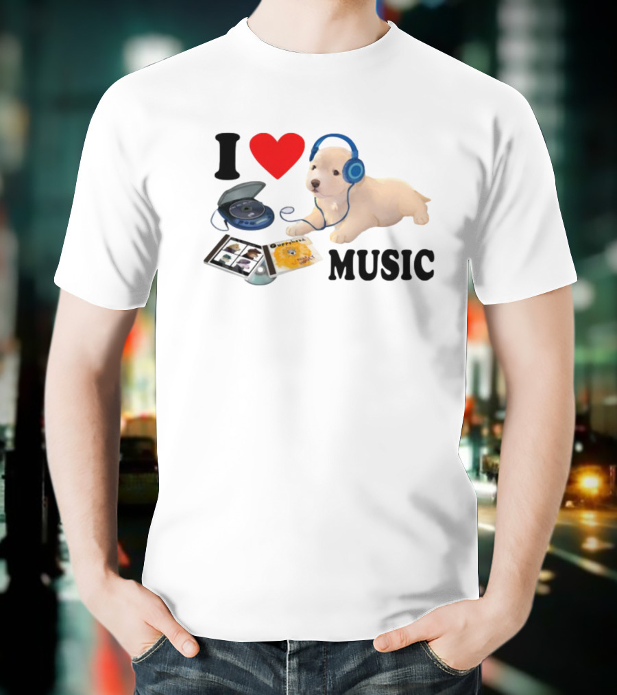 I Love Music Dog Headphones CD Player Album Puppy T-Shirt