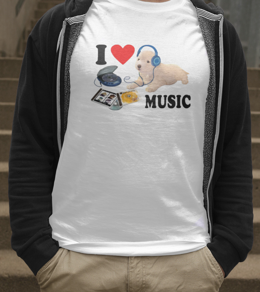 I Love Music Dog Headphones CD Player Album Puppy T-Shirt