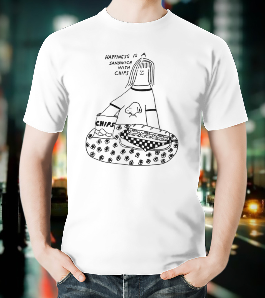 Happiness Is A Sandwich With Chips Fun Skull Character T-Shirt