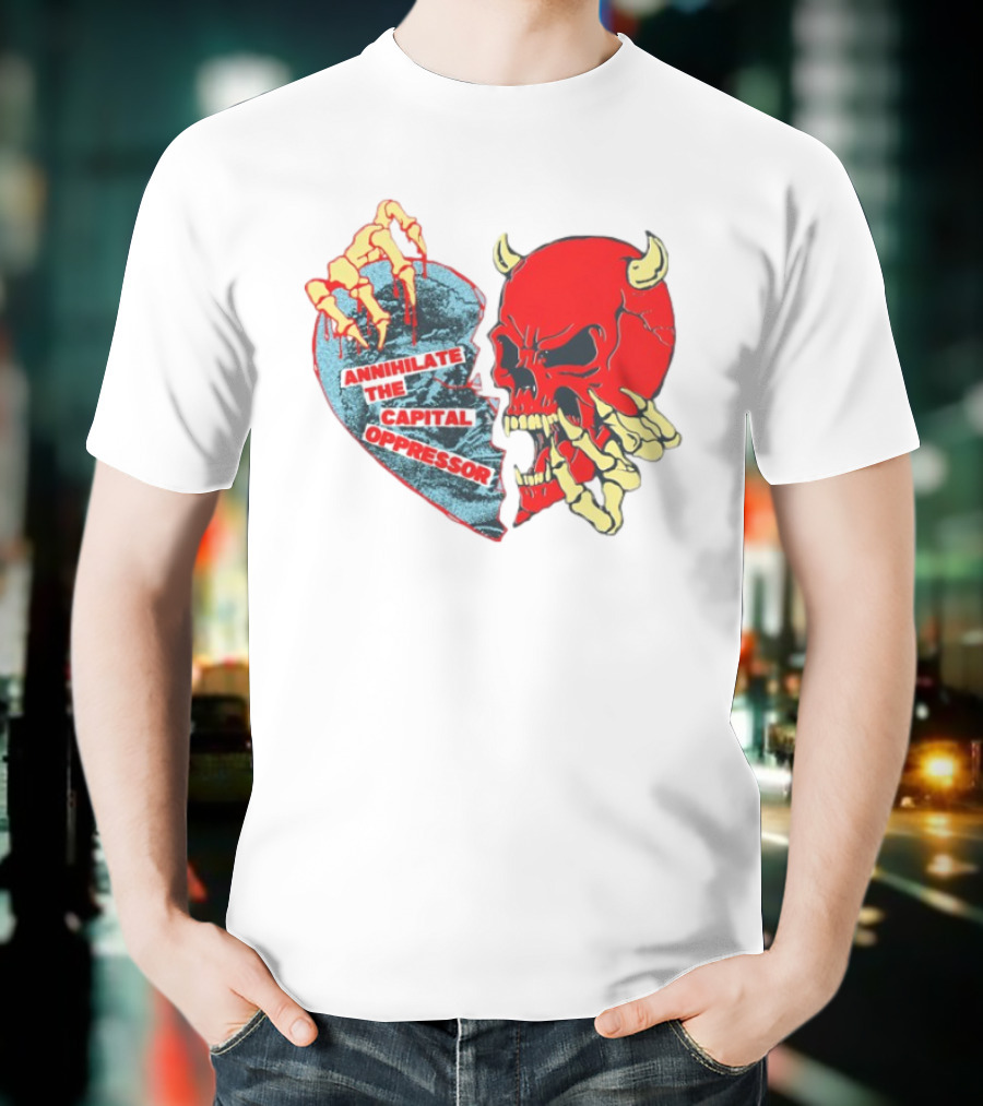 Annihilate The Capital Oppressor Red Skull And Skeleton Heart Design T-Shirt