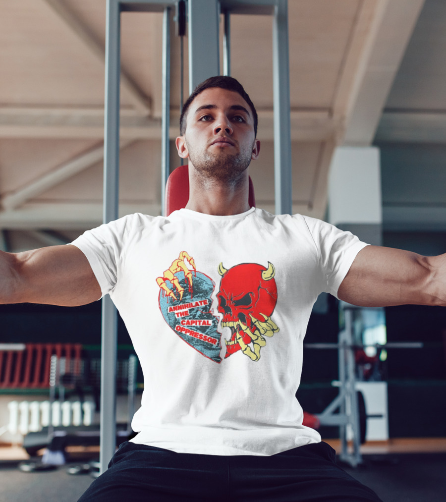 Annihilate The Capital Oppressor Red Skull And Skeleton Heart Design T-Shirt