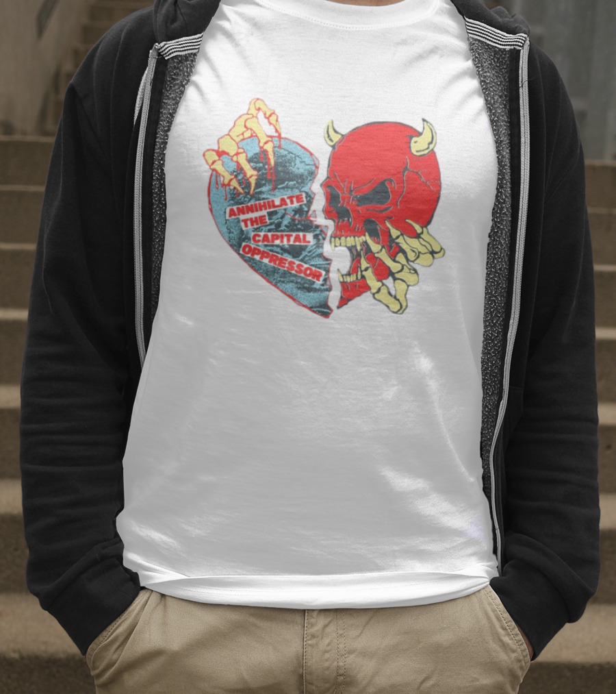 Annihilate The Capital Oppressor Red Skull And Skeleton Heart Design T-Shirt