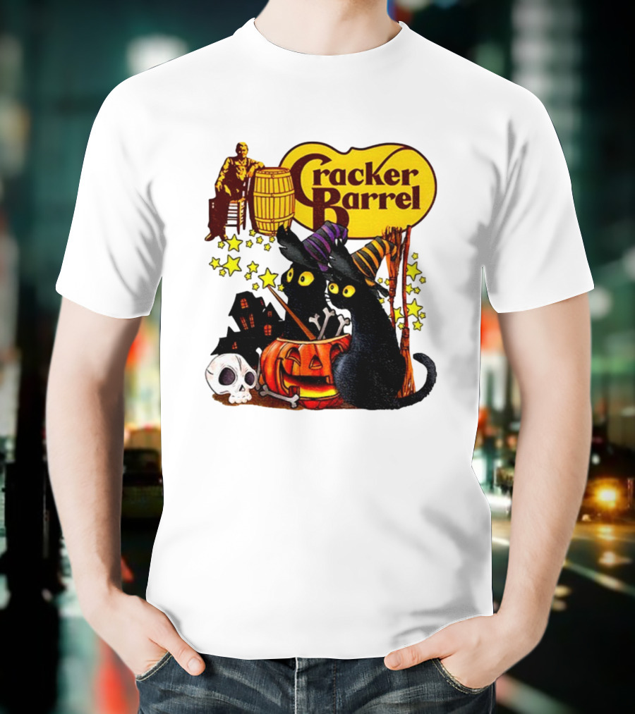 Cracker Barrel Halloween 2025 Black Cat Witches Pumpkin Stars Skulls T-Shirt